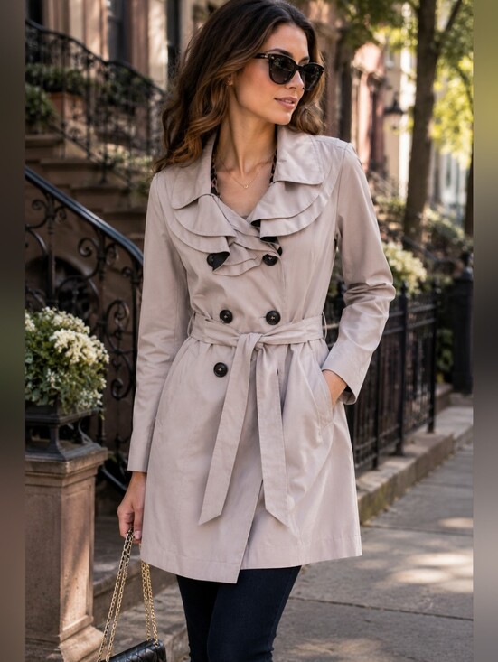 Betsey Johnson Jackets & Blazers - Betsey Johnson Ruffle Trench Coat Women's M Beige Belted Double Breasted Jacket